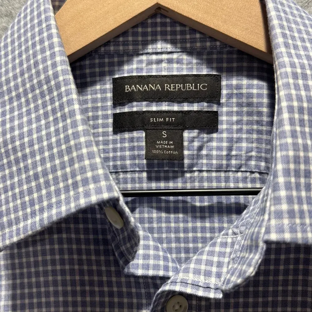 Banana Republic Mens S Slim Fit Blue Plaid Dress Shirt 100% Cotton Long Sleeve